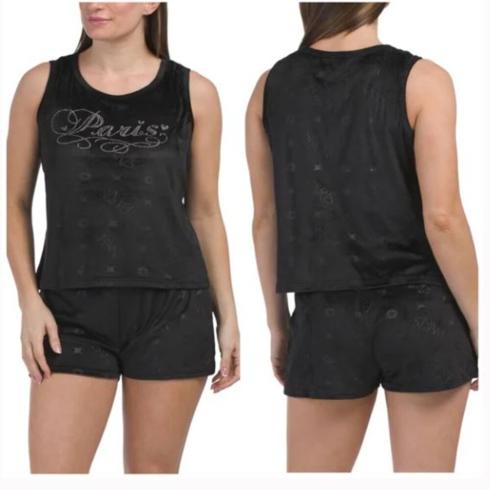 NWT Paris Hilton Black Sleeveless Rhinestone Embossed Velour Top & Short Pants